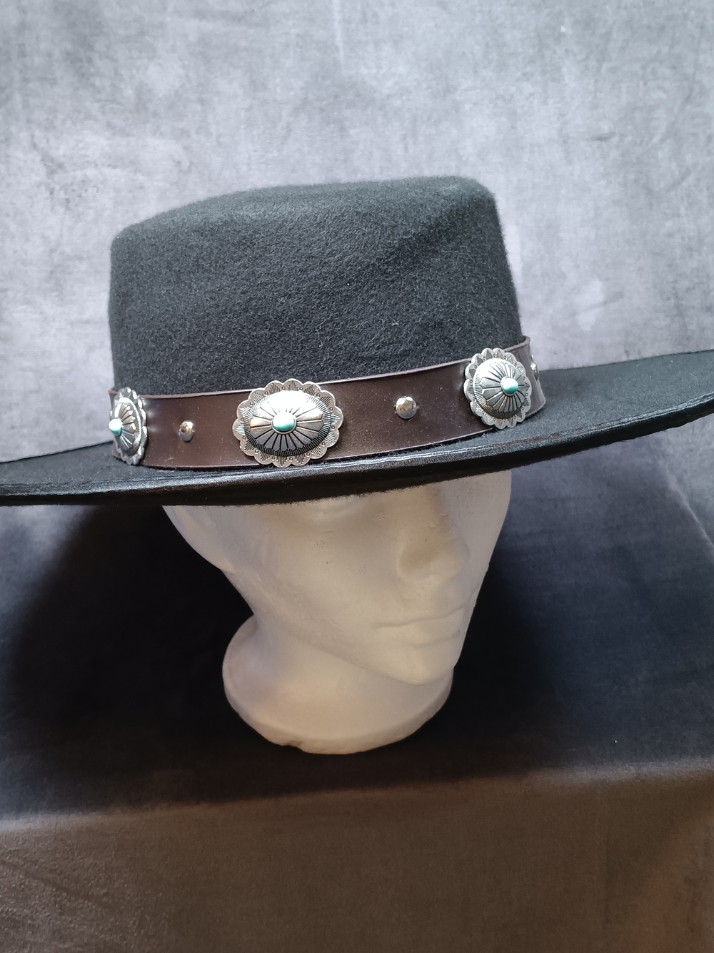 Black Felt Western Hat with Brown Leather Concho Band